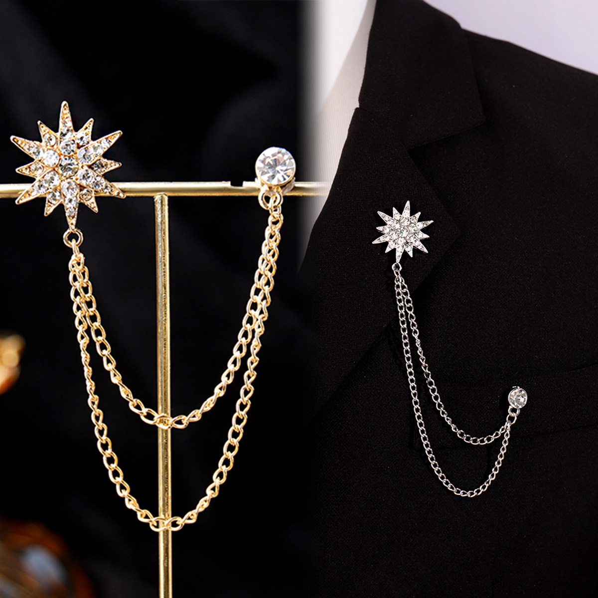 欧美跨境高档男士金属胸针复古西装服饰链条胸花别针套链领针配饰