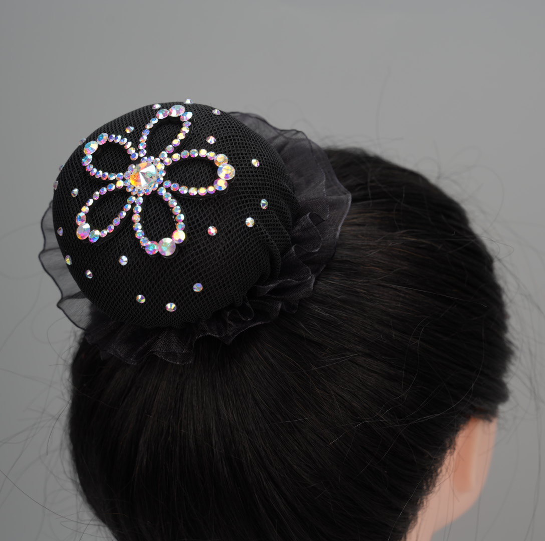 Children's Dance Hairnet with Lace Drawstring, Black High-End Full Rhinestone Flower Hair Accessory, Bun Hair Styling Tool