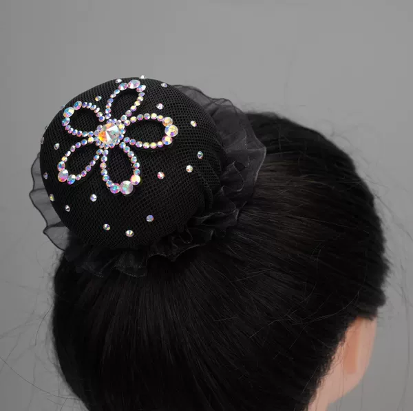 Children's Dance Hairnet with Lace Drawstring, Black High-End Full Rhinestone Flower Hair Accessory, Bun Hair Styling Tool