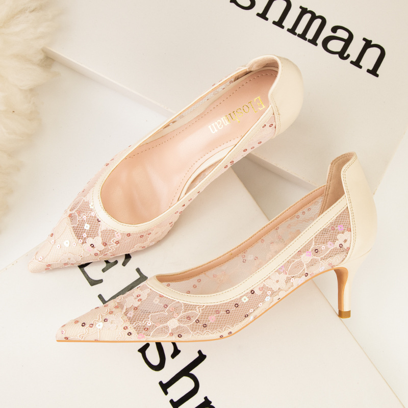 869-17 in Europe and the sexy show thin sequins thin high heels for women's shoes with high single shoes with pointed mesh lace
