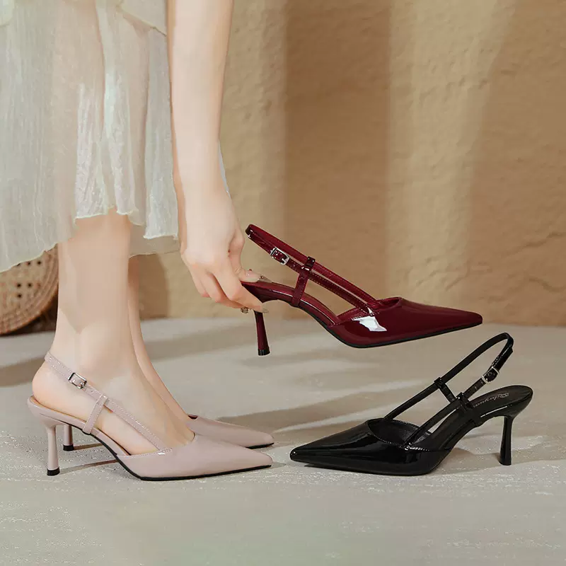 法式高跟鞋细跟2025新款大码女鞋包头凉鞋女夏季尖头后空高跟单鞋