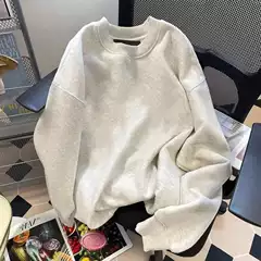 500G Heavy melange gray Crewneck Wear Men's Fall/Winter fleece-lined Warm Long Sleeve T-Shirt American Inner Base Shirt