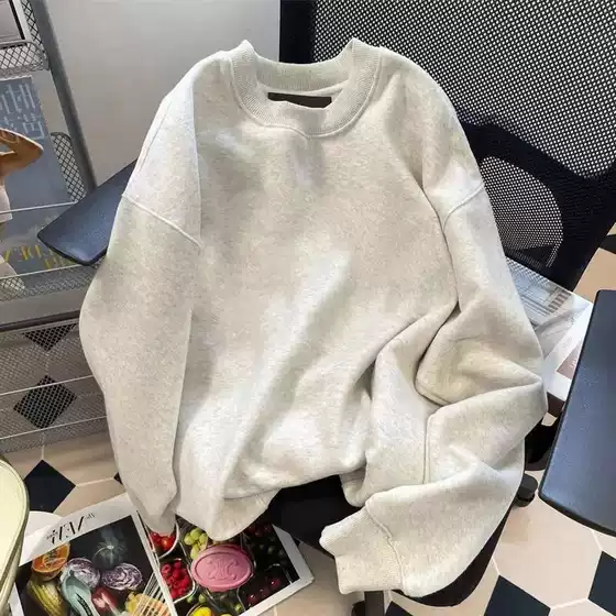 500G Heavy melange gray Crewneck Wear Men's Fall/Winter fleece-lined Warm Long Sleeve T-Shirt American Inner Base Shirt