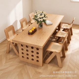 原木风实木餐桌椅子一整套家用小户型创意洞洞桌客厅长方形吃饭桌