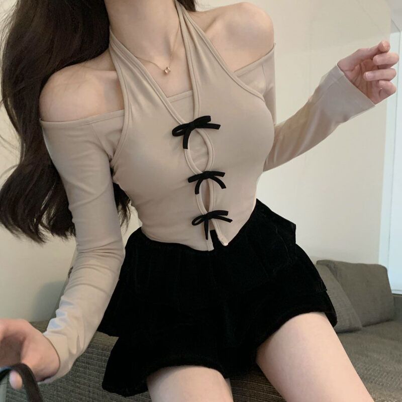 纯欲风挂脖甜美一字肩上衣女短款秋季露肩洋气小众ins修身长袖T恤|undefined