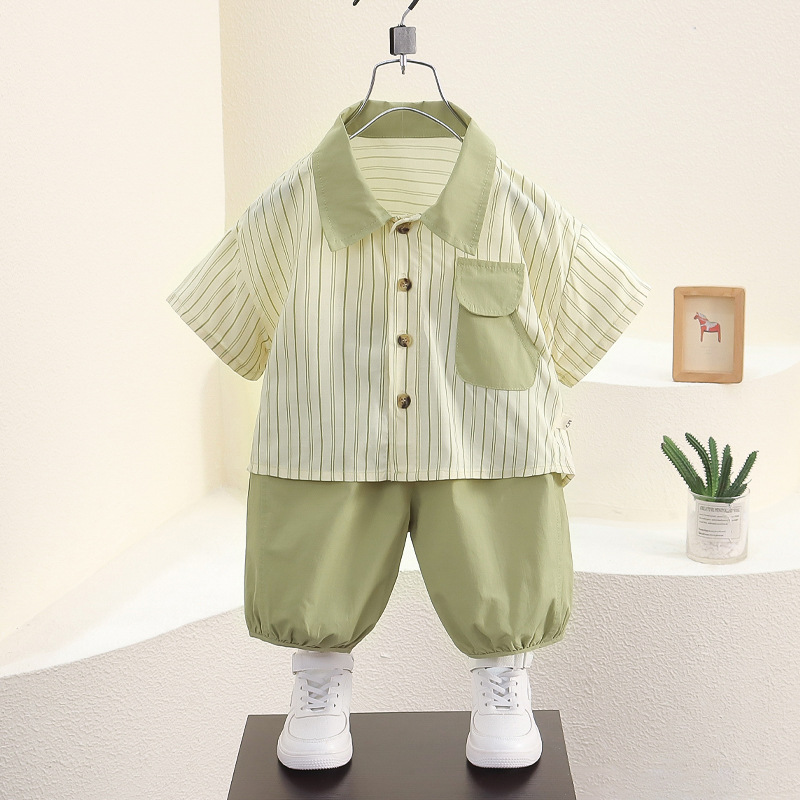 7926 traje de camisa de verano para niños, traje de dos piezas de manga corta fresco y guapo para niños 2024 nueva moda de ropa de verano para bebés