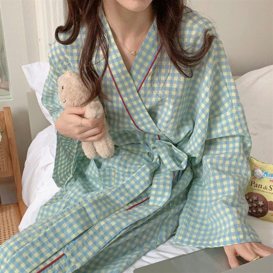 South Korea ins women's autumn new Korean style nightgown women's plaid cute bathrobe long kimono pajamas home wear