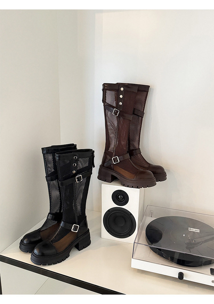 Boot nữ cổ cao ôm bắp chân da thật phong cách dây đai khóa, đế dày gót thô — Ống tiêu chuẩn nâu, Ống mở rộng đen, Ống mở rộng nâu, Ống tiêu chuẩn đen chi tiết 18