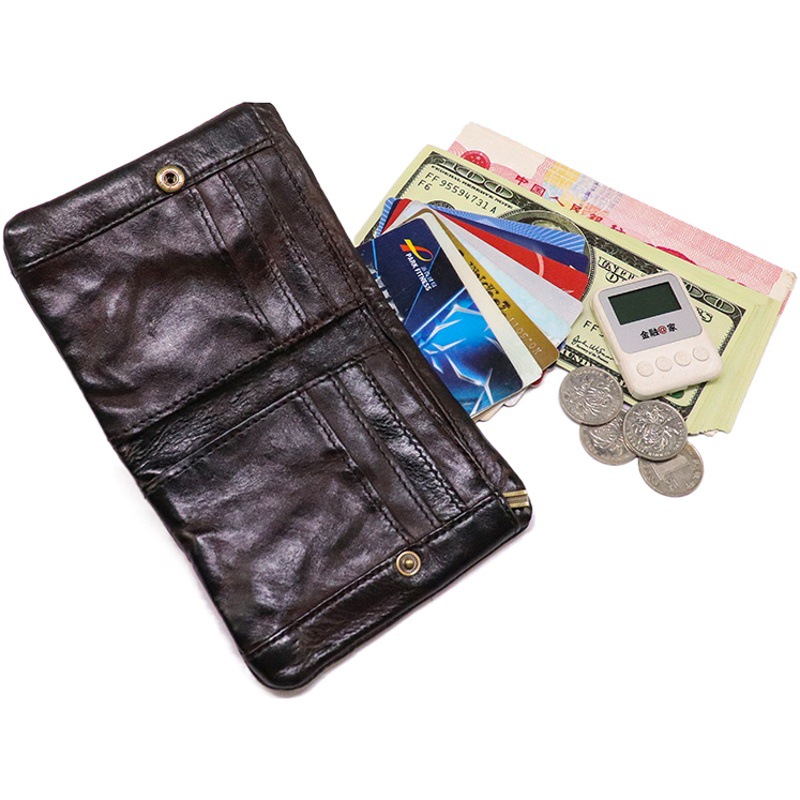 Handmade Color Distressed Pleated Vegetable Tanned Leather Wallet Men's Large Banknote Wallet Vintage Multi-Card Zipper Soft Wallet Wallet