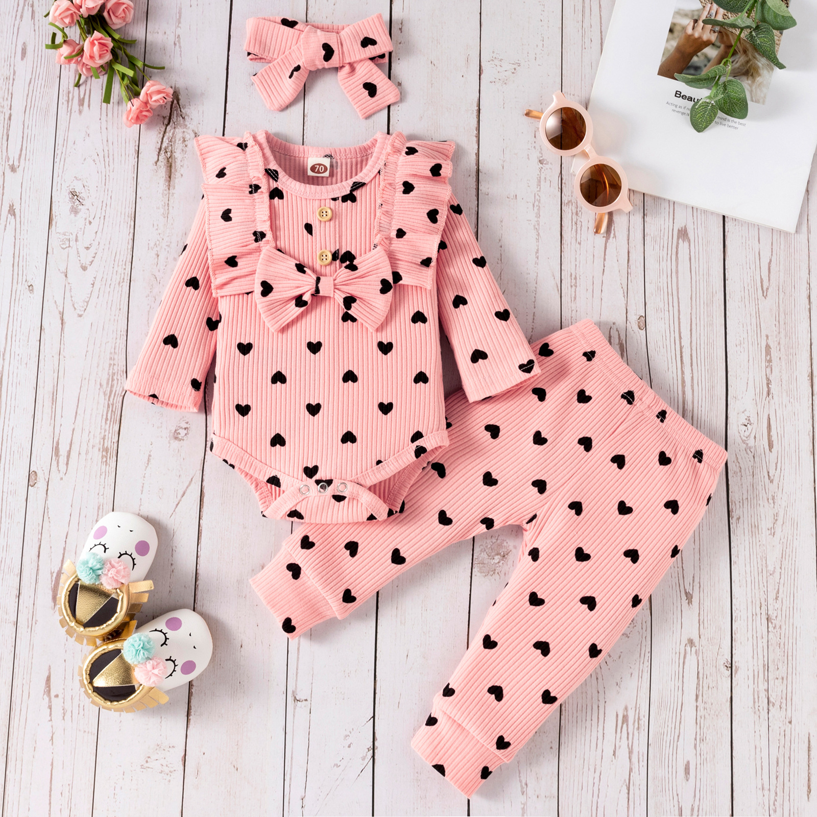 Fashion Solid Color Flower Button Baby Clothing Sets display picture 2