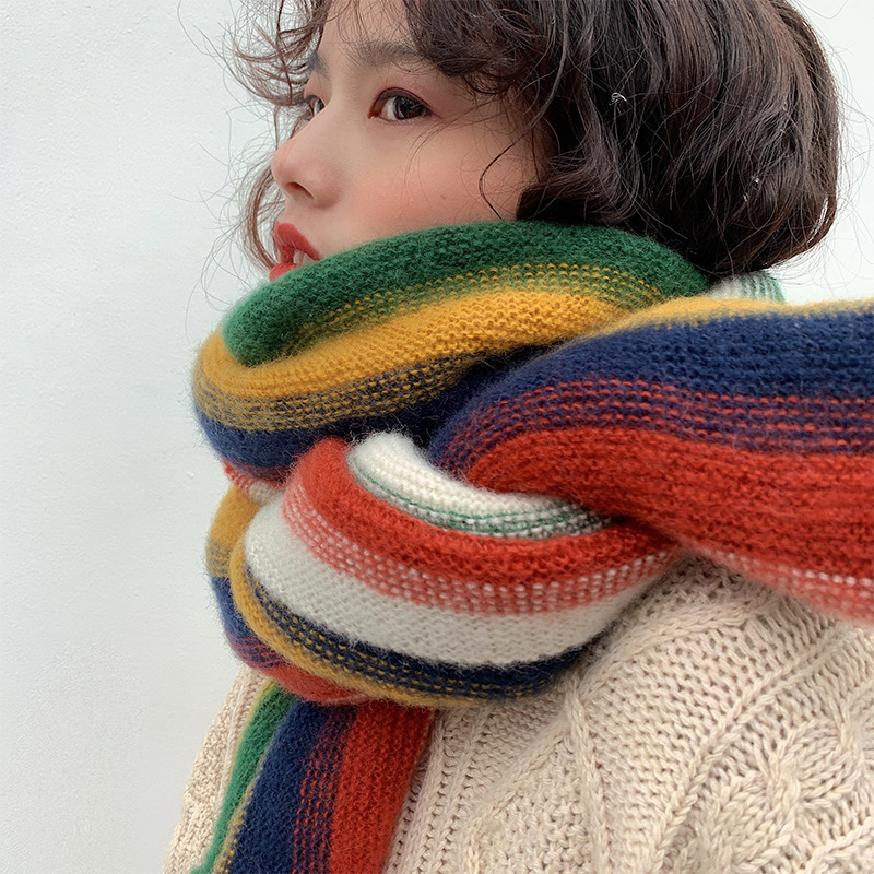 Rainbow Knitted Scarf Female Autumn And Winter Thickened Warm Shawl Korean Version Student Cute Girl Scarf