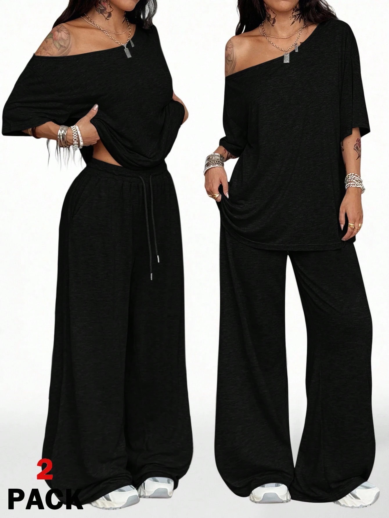 2026 Women's Casual Solid Color Oblique Neck Wide Leg Pants Set Sports Two-piece Set Loose Pants_ecoleips.com