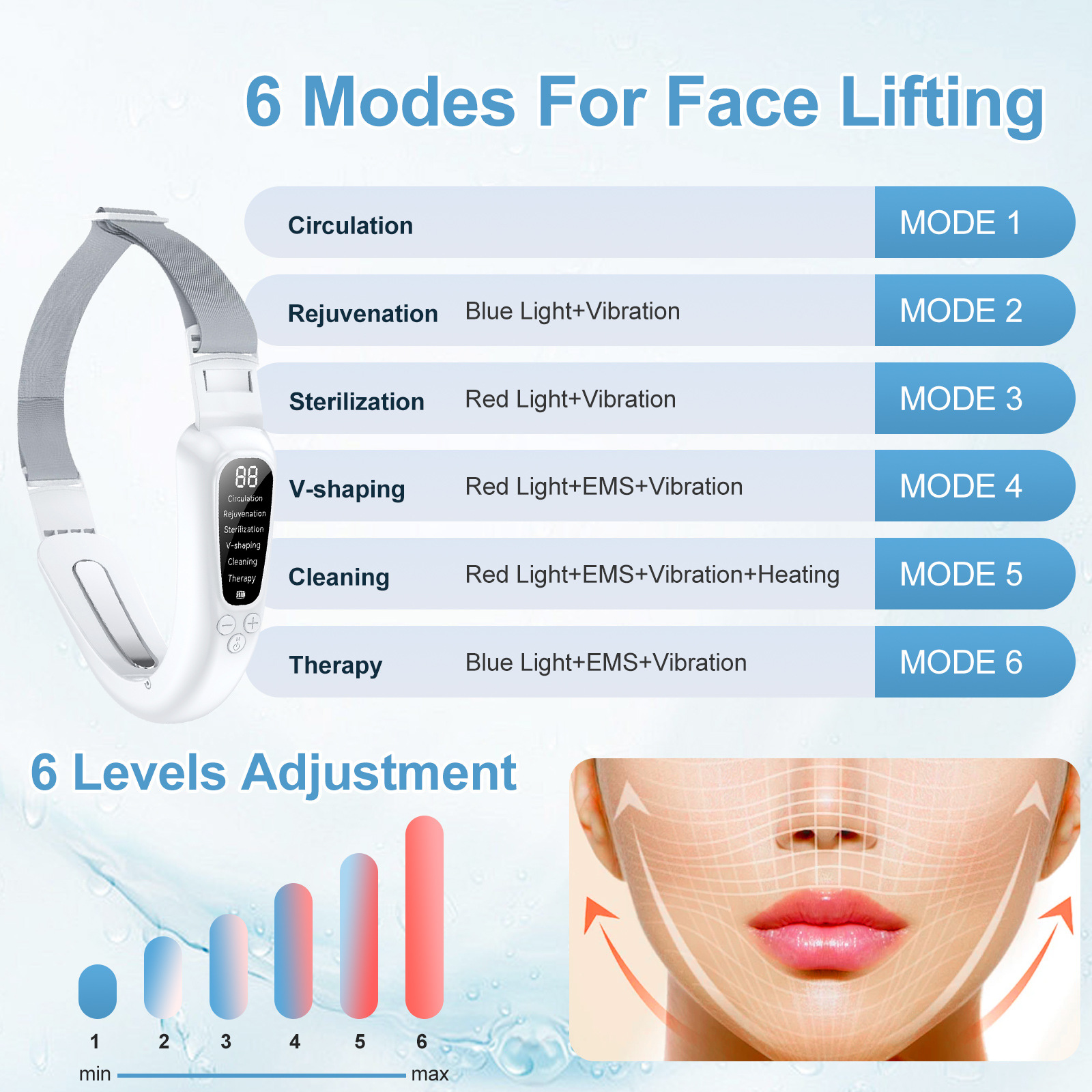 Instrumento de adelgazamiento facial micro-corriente caliente transfronteriza color rojo y azul luz rejuvenecimiento de la piel instrumento de belleza vibración elevación facial V instrumento de adelgazamiento facial