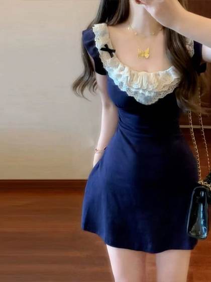 Lace Stitching Spice Girl Doll Collar dress Women's Summer New Slim-fit Pleated Waisted Slim-fit A- line Short Skirt