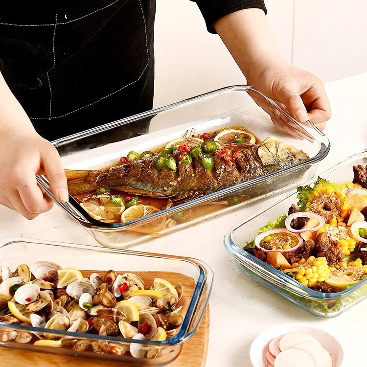Placa de horneado de vidrio rectangular horno de microondas resistente al calor para hornear placa de pescado doméstica especial placa de arroz de vidrio de alto boro placa de frutas