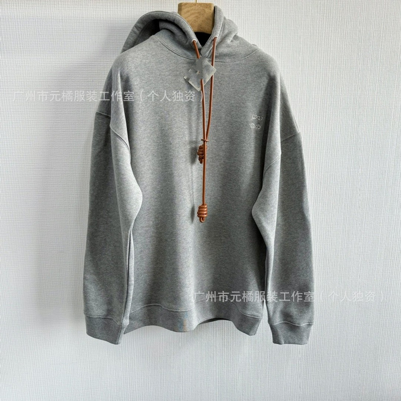 L's New 24Fw High Quality 380g Anagra Embroidered Leather Rope Hooded Sweatshirt Loose Version for Men and Women