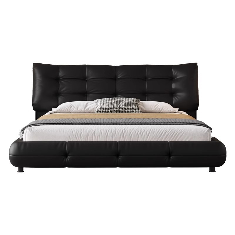 Cama de cuero de buey negro minimalista italiana, cama principal, cama queen, atmósfera de alta gama, cama de boda de envoltura suave, cama de boda doble, cama queen image 6