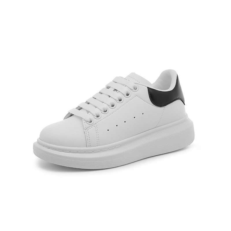 Giày sneaker trắng unisex kiểu McQueen, da siêu sợi, đế dày tăng chiều cao, gót 3–5 cm — Đuôi da trắng, Đuôi da đen