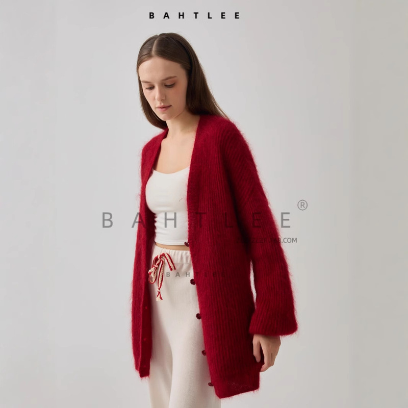 Autumn and Winter Cubs with V-Neck Velvet Petal Buckle Cardigan Knitted Bubble Sleeve Mid-Long Loose Ancra Red Autumn and Winter Cubs with V-Neck Velvet Petal Buckle Cardigan Knitted Bubble Sleeve Mid-Long Loose Ancra Red