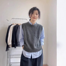 法式春季新款纯羊毛针织马甲女圆领套头纯色宽松休闲无袖叠穿坎肩