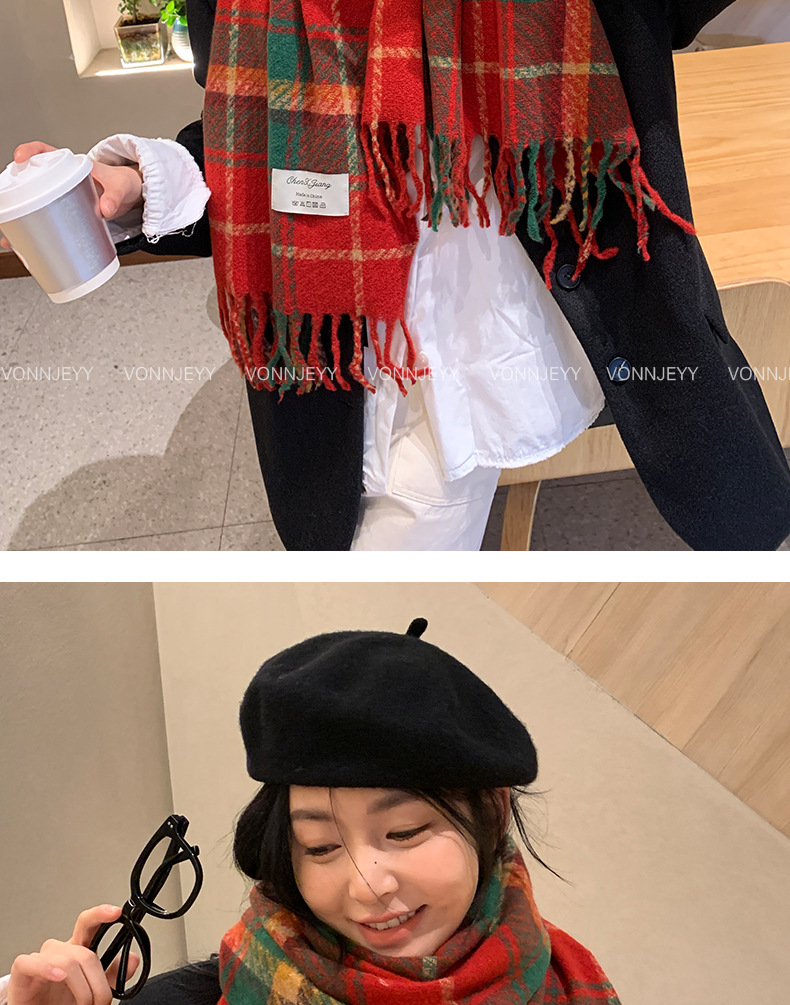 Regalo di Capodanno: sciarpa scozzese con nappe rosse natalizie, sensazione invernale di alta qualità per le donne, caldo scialle coreano, sciarpa spessa_voghion.com