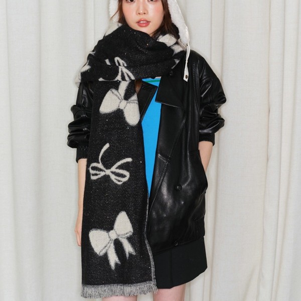 蝴蝶结2025冬季新款保暖围巾卡通针织毛线百搭个性混纺围脖韩版