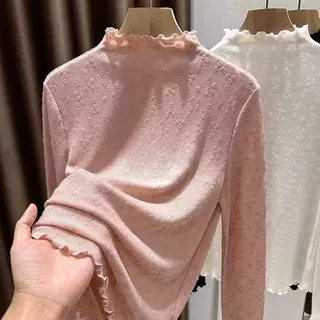 高级软糯木耳边针织提花蕾丝打底衫女秋冬季新款内搭薄款宽松上衣