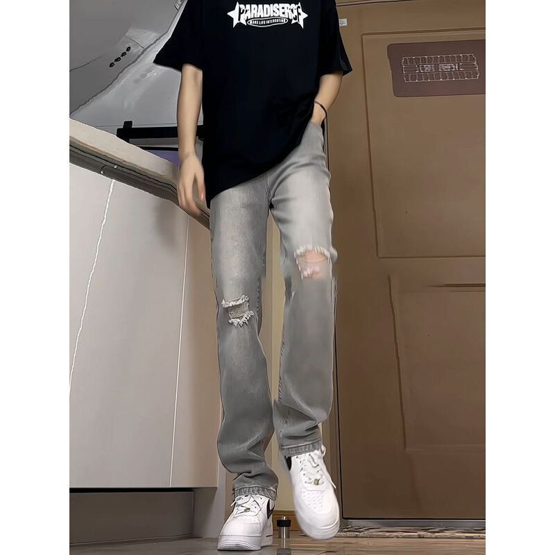 Knee Ripped Jeans Men's Summer Thin American Style High Street Vibe Pants Slim-Fit Slimming Straight Pants