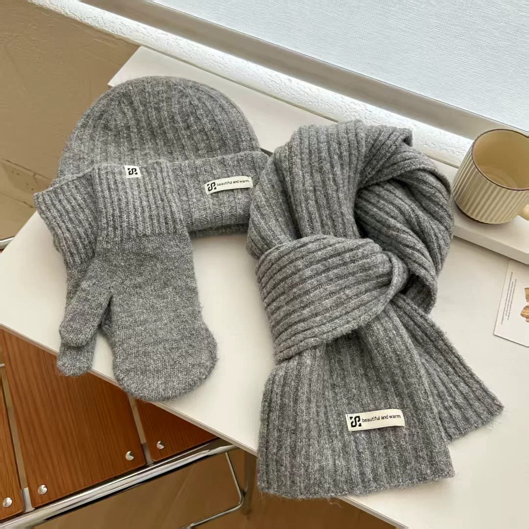 Woolen scarf, hat, knitted gloves, colored keep warm set, 3 piece set, increased thickness