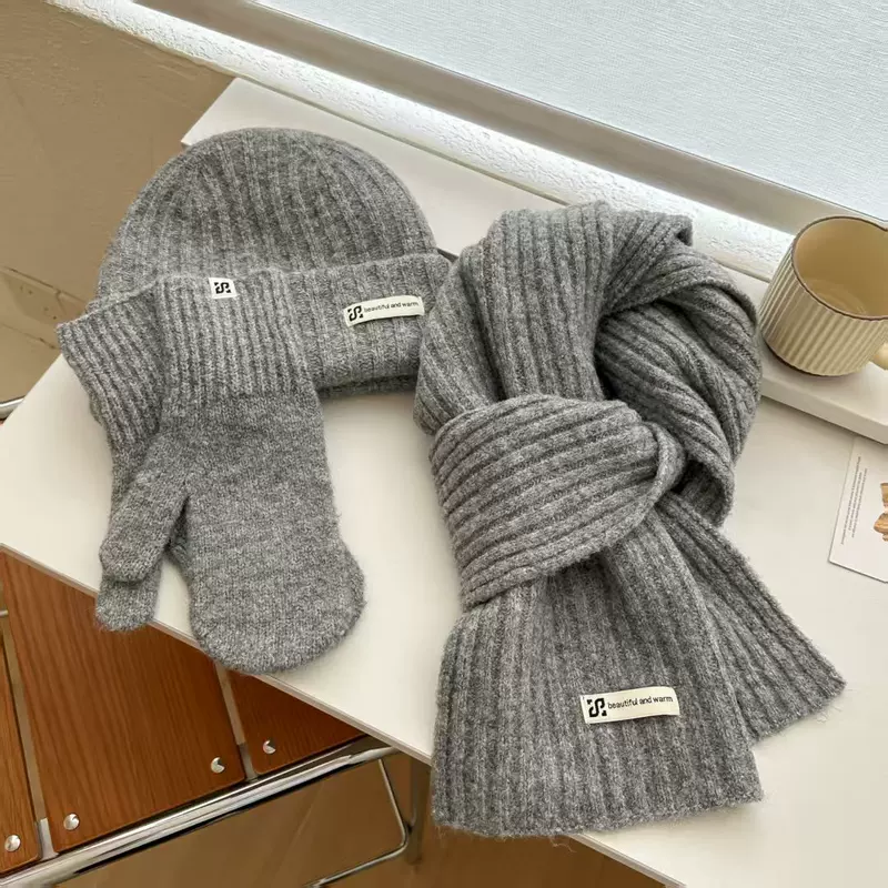 Woolen scarf, hat, knitted gloves, colored keep warm set, 3 piece set, increased thickness