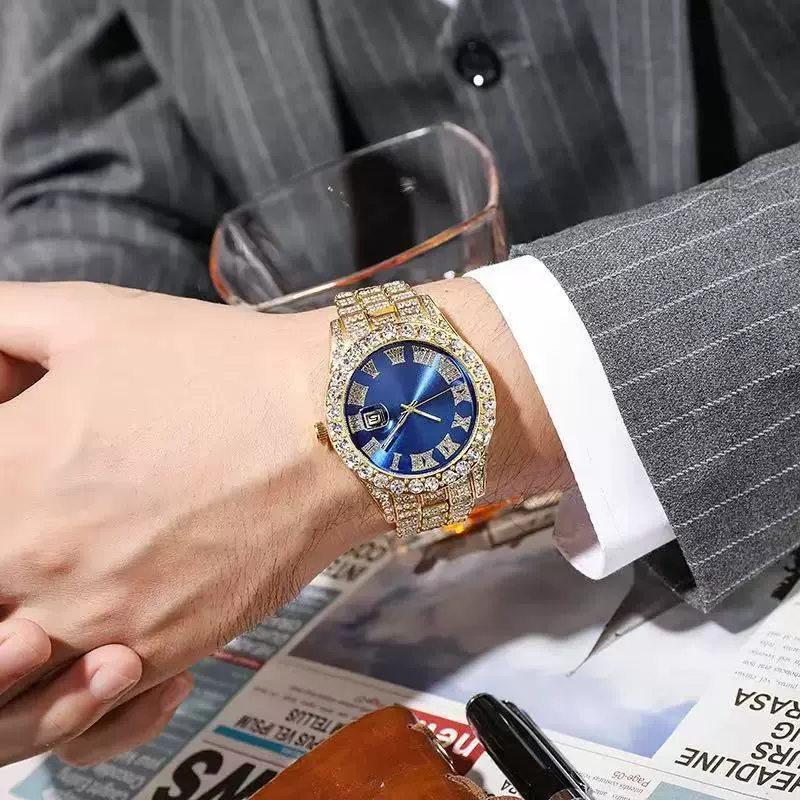 (Cross-border trading), swiss watch, steel belt, diamond quartz calendar hip-hop style, European style