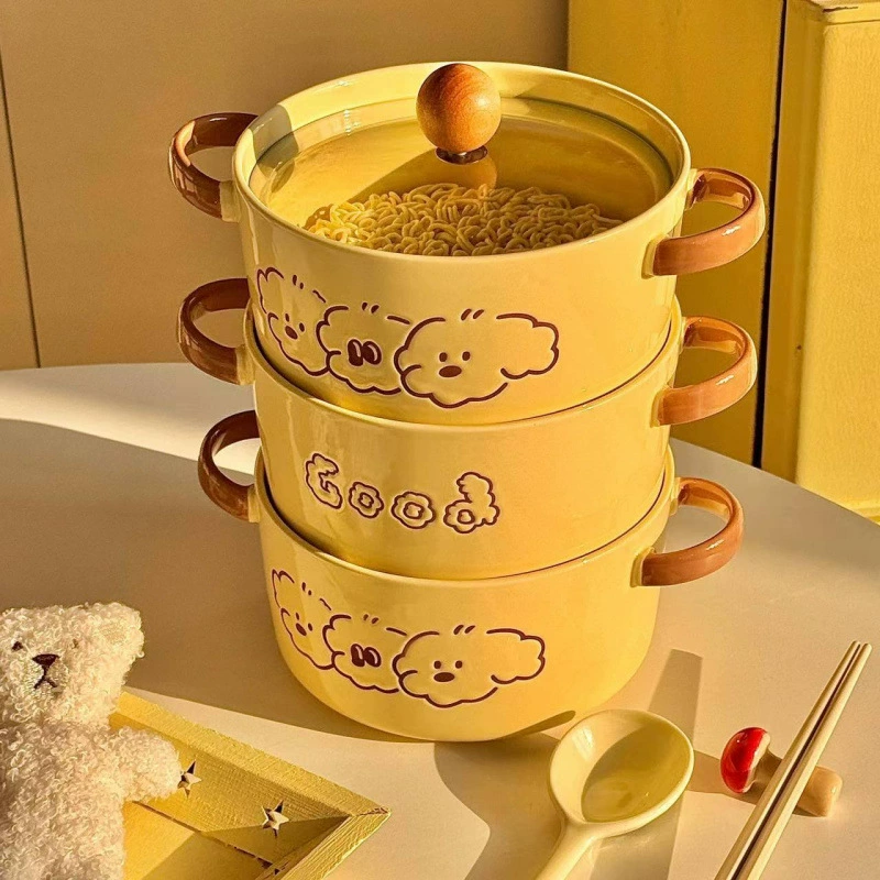 Симпатичная собака керамическая миска с лапшой быстрого приготовления с крышкой в студенческом общежитии