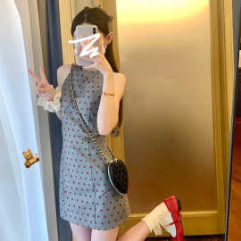 复古miu系波点连衣裙春夏季女收腰背心裙无袖短款裙子