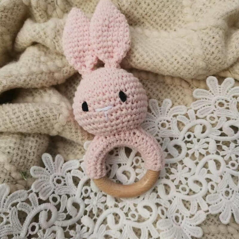 Cross-border crochet pink rabbit rattle animal baby toy, baby soothing toy, chewable crochet toy Cross-border crochet pink rabbit rattle animal baby toy, baby soothing toy, chewable crochet toy