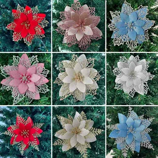 圣诞节装饰品 仿真花金粉圣诞花头 圣诞树装饰配件 一品红圣诞花