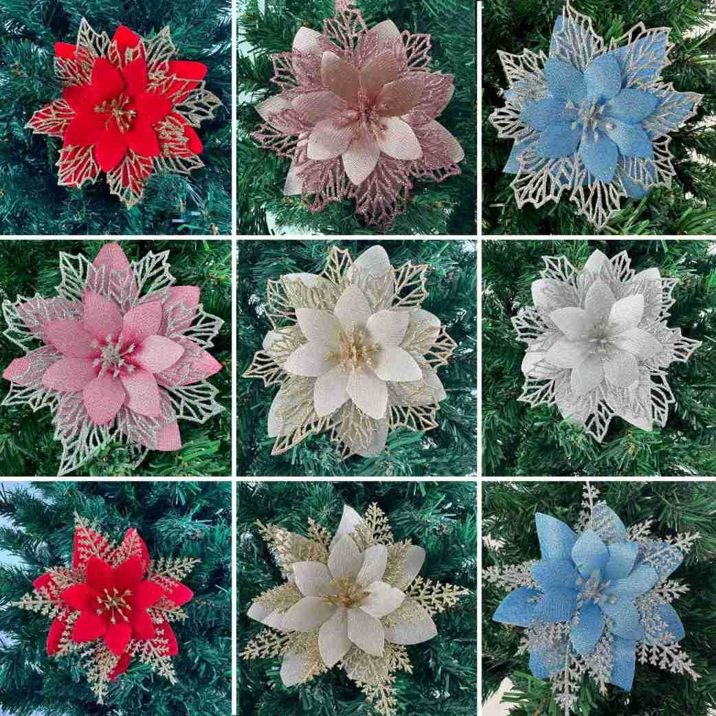 圣诞节装饰品 仿真花金粉圣诞花头 圣诞树装饰配件 一品红圣诞花