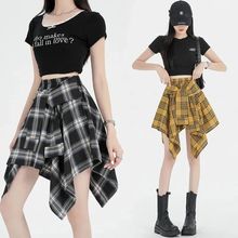 欧美松紧腰格子不规则半身裙短裙系带绑带蝴蝶结运动街舞风女屁帘