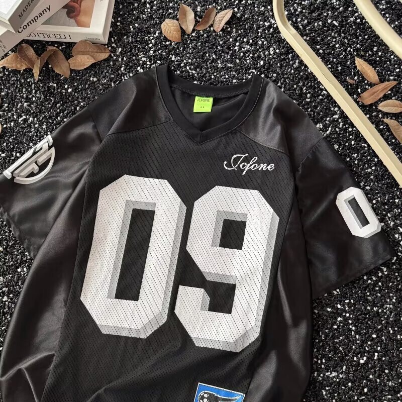 Mesh Short-Sleeved Breathable Loose Sports T-Shirt American Football Uniform for Boys Summer Fashion Trendy Brand Patchwork Top