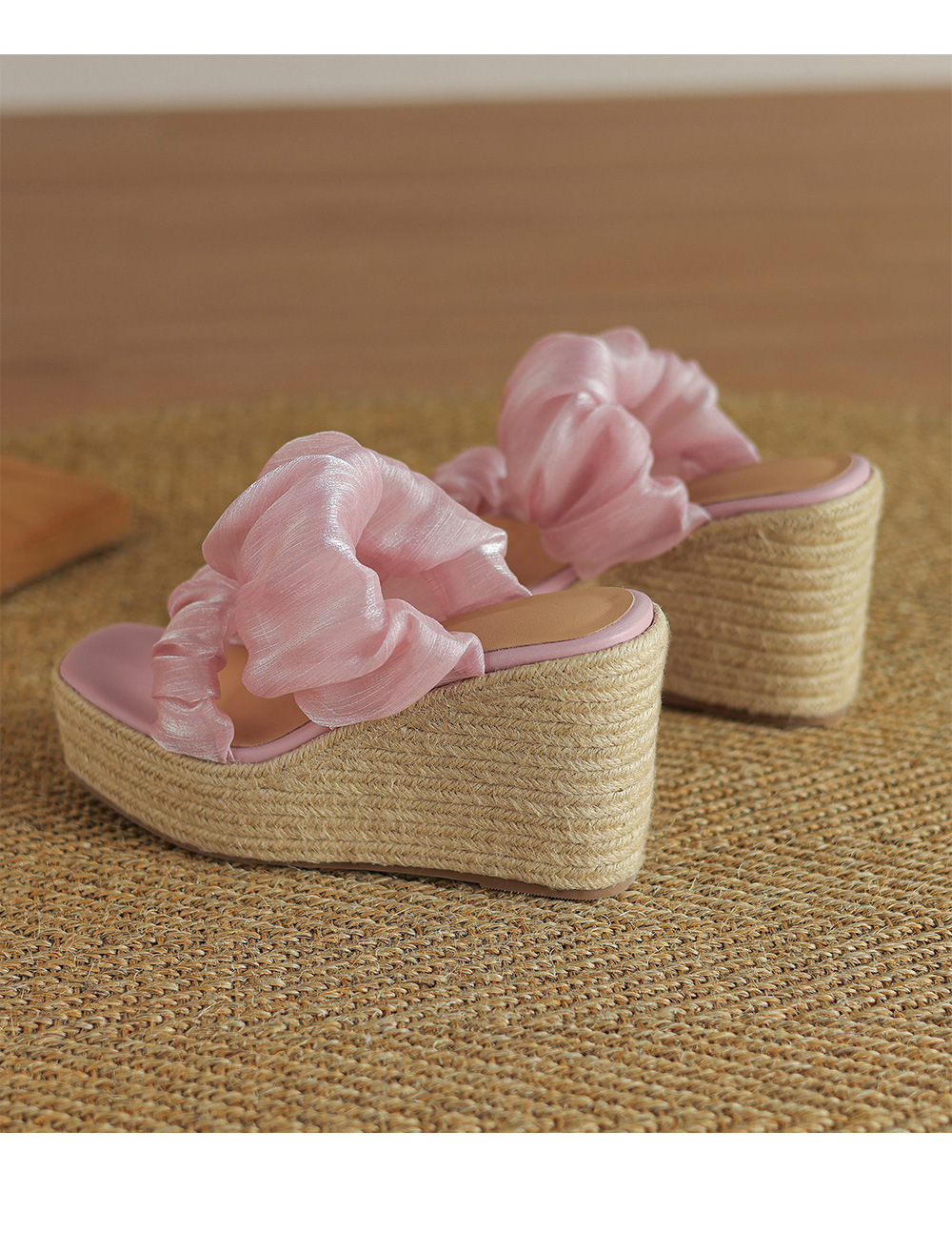 Sandal hở mũi cao gót 10cm quai ngang satin đế độn cao mới hè 2025 — Màu xanh lam nhạt, Màu hồng, Màu trắng be chi tiết 18