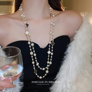 Korean Four-Leaf Clover Pearl Necklace Long Accessible Luxury High-End Sweater Chain Versatile Simple Autumn and Winter Necklace Accessories