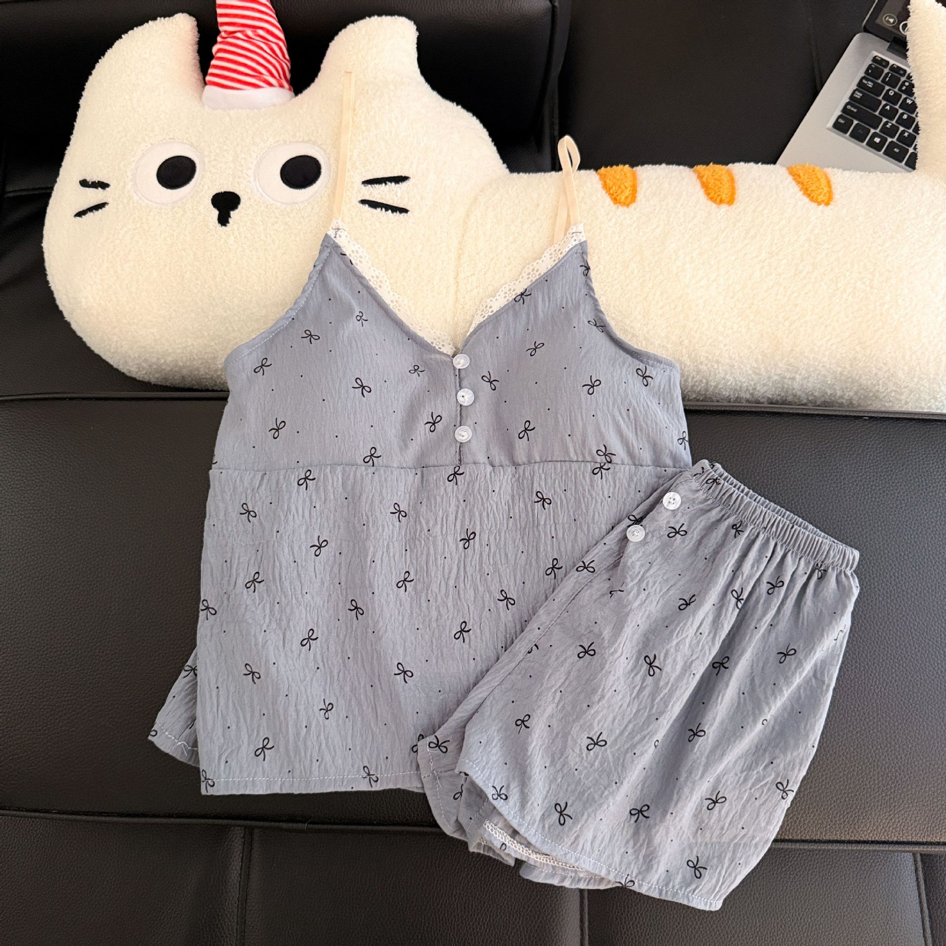 Pantalones cortos con cojín de pecho al por mayor transfronterizo pijamas de verano nuevo algodón nublado dulce conjunto de ropa de casa a cuadros