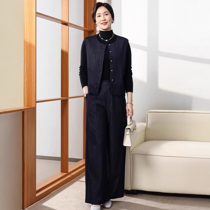 中老年上衣裤子时尚三件套马甲气质新中式国风元素套装妈妈打底衫|undefined