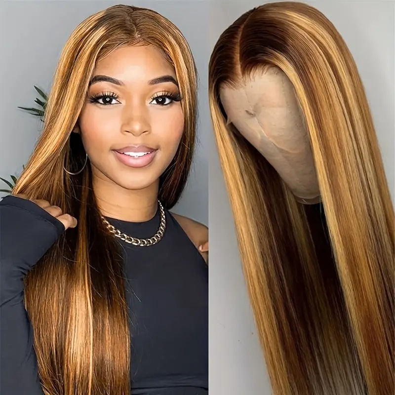 Parrucca alla moda, nuovo stile, colore pianoforte, con mèches, riga centrale, capelli lunghi e lisci, parrucca completa con dettagli in pizzo, extension in capelli sintetici._voghion.com