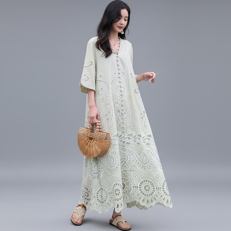 V-Neck Heavy Embroidery Loose Long Dress Bohemian Style Hollow Lace Plus Size Vacation Long Dress