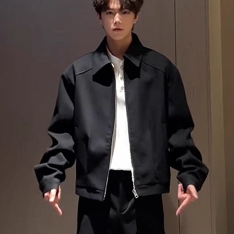 Black Short Boxy Lapel Executive Jacket Men's Autum American Right Shoulder Baseball Uniform Ins Handsome Lapel Jacket
