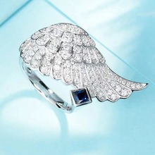 新品高级感戒指女天使的翅膀钻戒 小众设计ins蓝宝石搭配钻石女戒