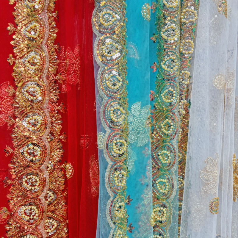 Xinjiang Uyghur Ethnic Costume Fabric with Long Hem for Group Dance, Mesh Embroidery Women's Performance Clothing, Flat Embroidery Fabric