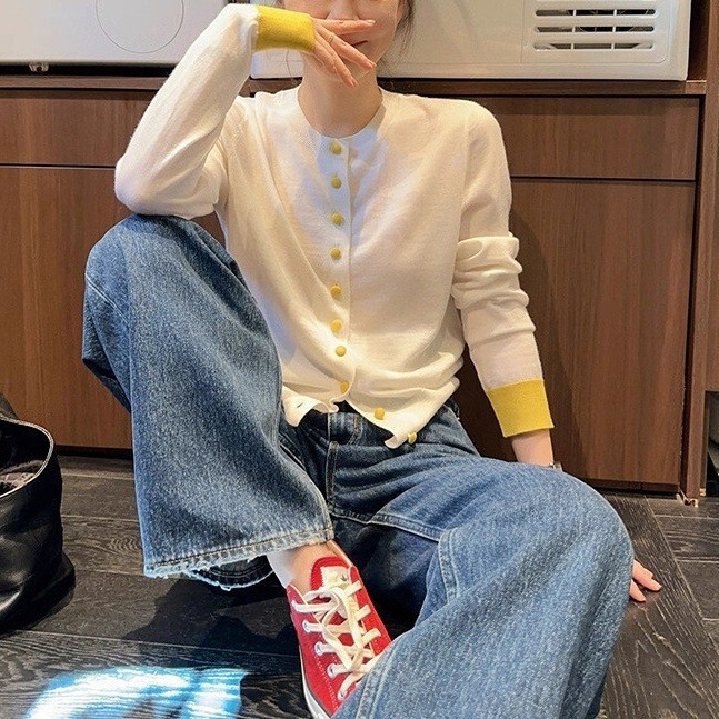 Reserved by the Owner~Black Label Encounter Knitted Sweater Merino Wool Contrast Color Long Sleeve Top for Women