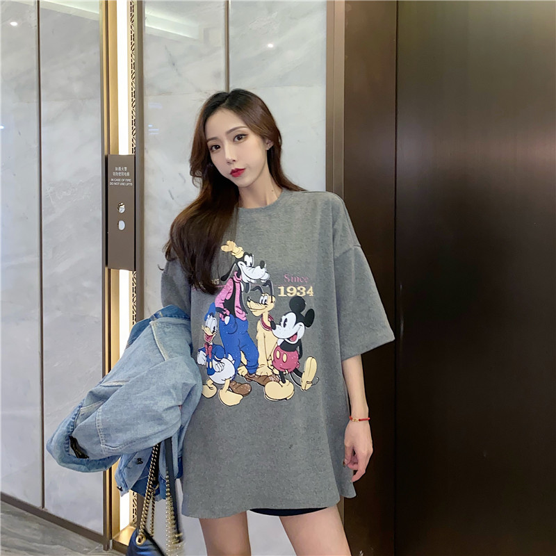 2022夏季新款韩版圆领短袖T恤女印花宽松中长款休闲学生短袖T恤女