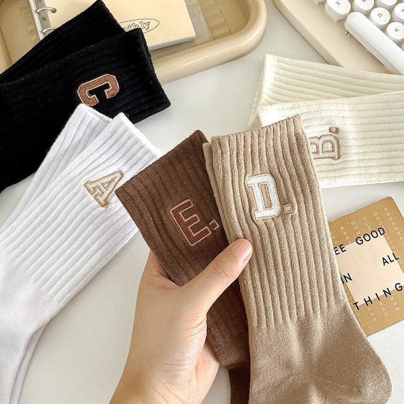 Letter embroidered mid-calf length socks for women Spring and Autumn pure cotton deodorant thick brown matching loafers c letter pile socks